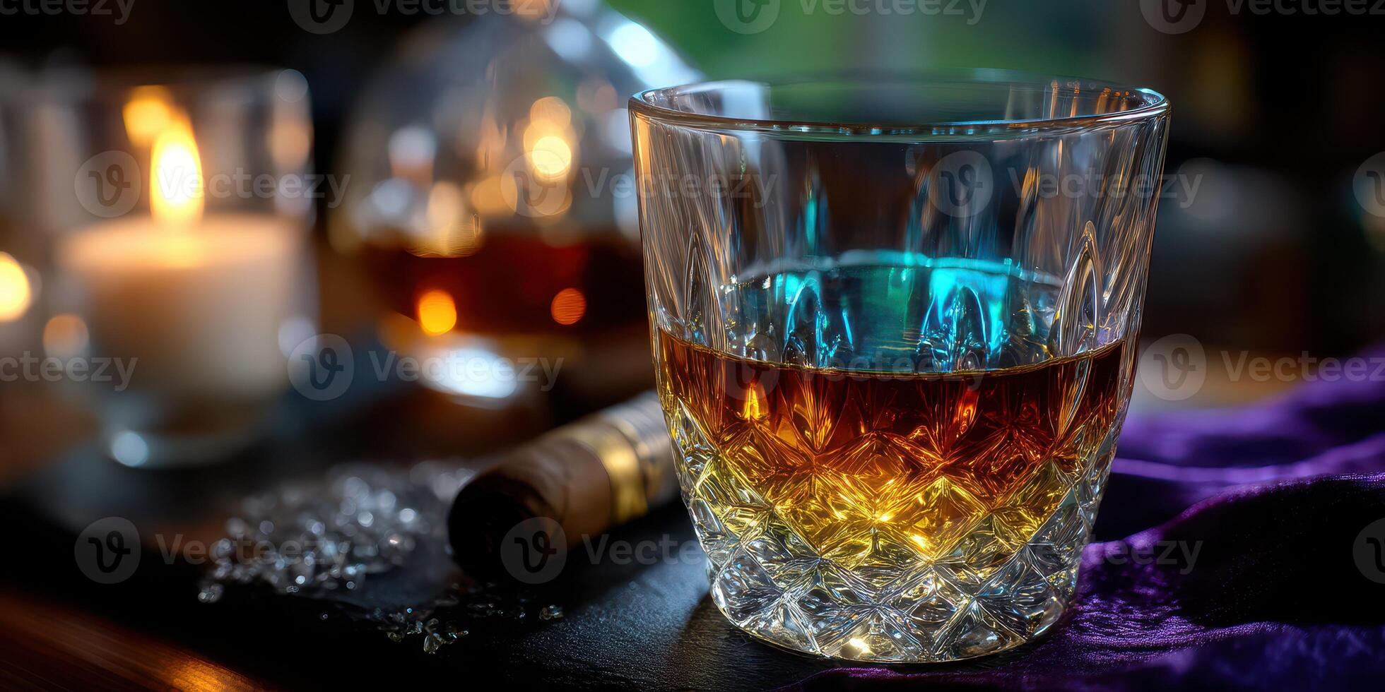 Whiskey glass filled with amber liquid sits on a wooden table beside a lit candle and cigar photo