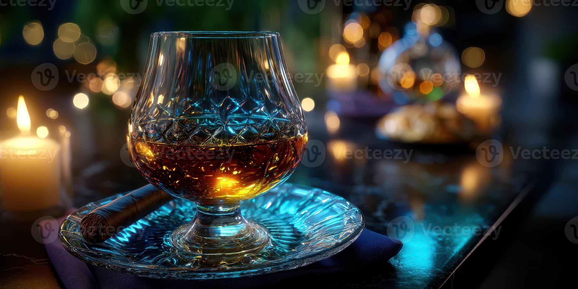 Sophisticated drink on a table with candlelight creating a warm ambiance during a cozy evening gathering photo
