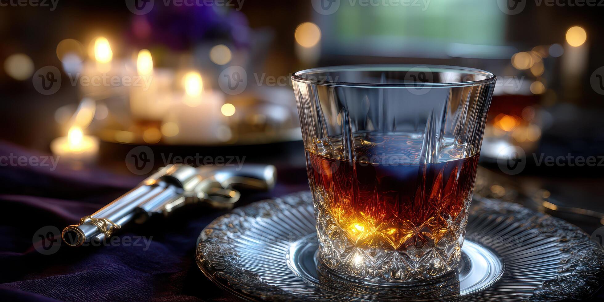 Luxury whiskey glass with gun on elegant table at night creating a mysterious atmosphere photo