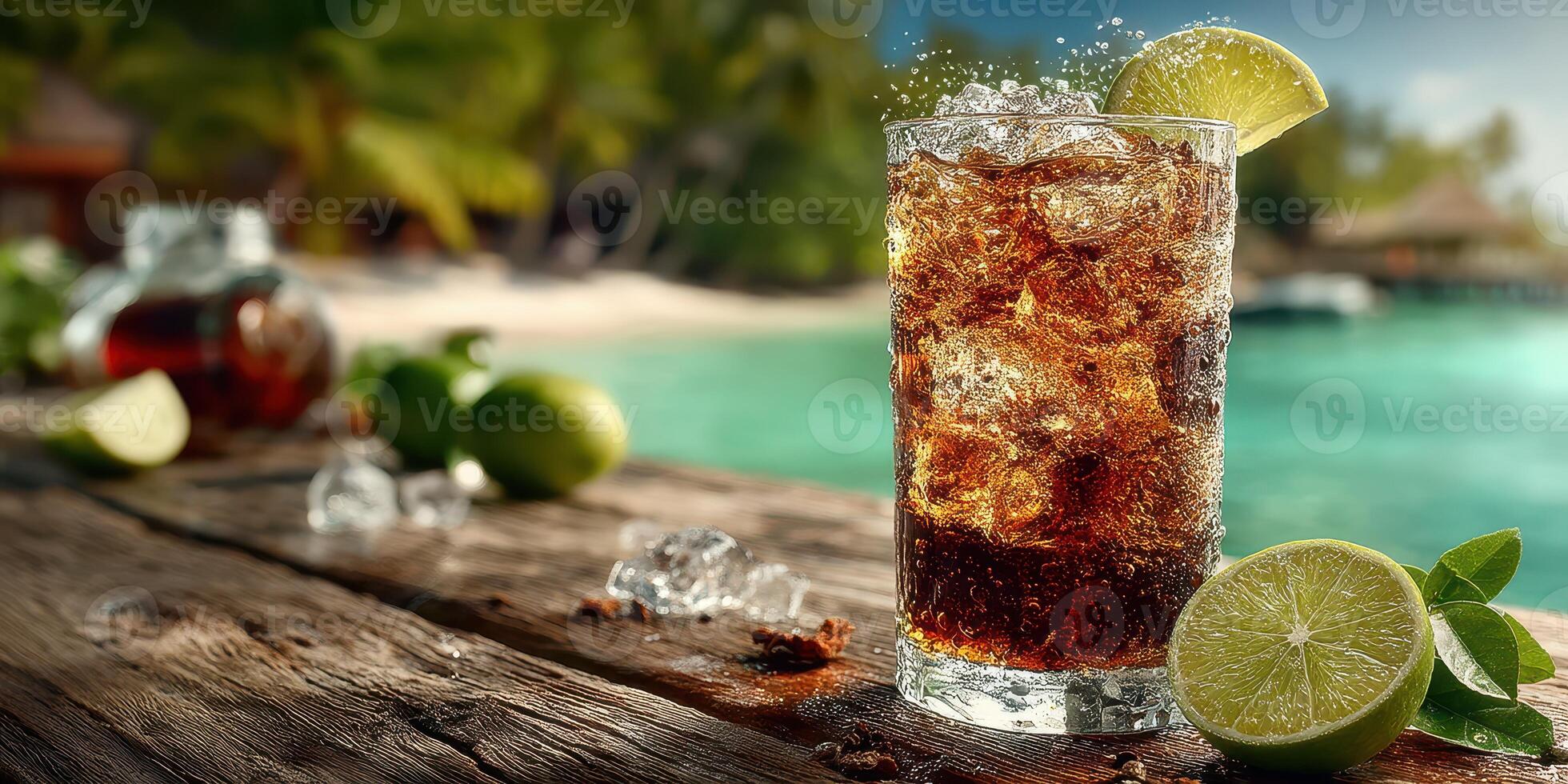 Refreshing cocktail with lime garnish on a wooden table by the beach photo