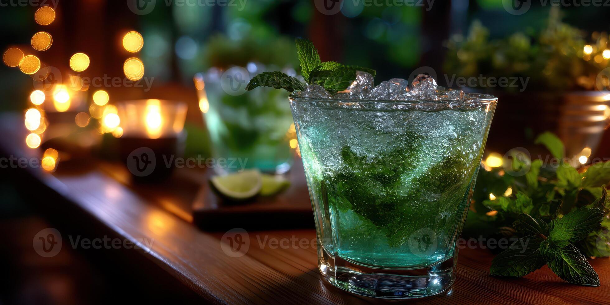 Colorful mojito cocktails garnished with mint leaves on a wooden table illuminated by soft fairy lights at an outdoor gathering during the evening photo