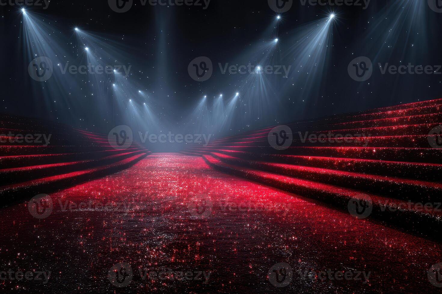 Light beams illuminate a red carpet leading through a darkened stage with glowing elements photo