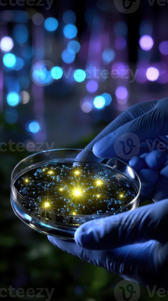 Colorful glowing bacteria culture in a petri dish during a nighttime laboratory experiment photo