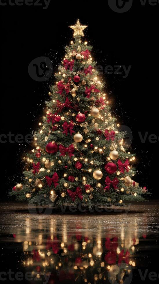 Beautifully decorated Christmas tree with lights and ornaments in a festive setting for the holiday season photo
