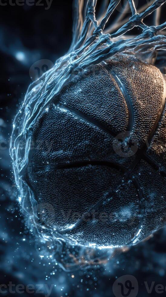 Basketball splashing through the hoop with vibrant energy and dynamic water effects during a night game photo