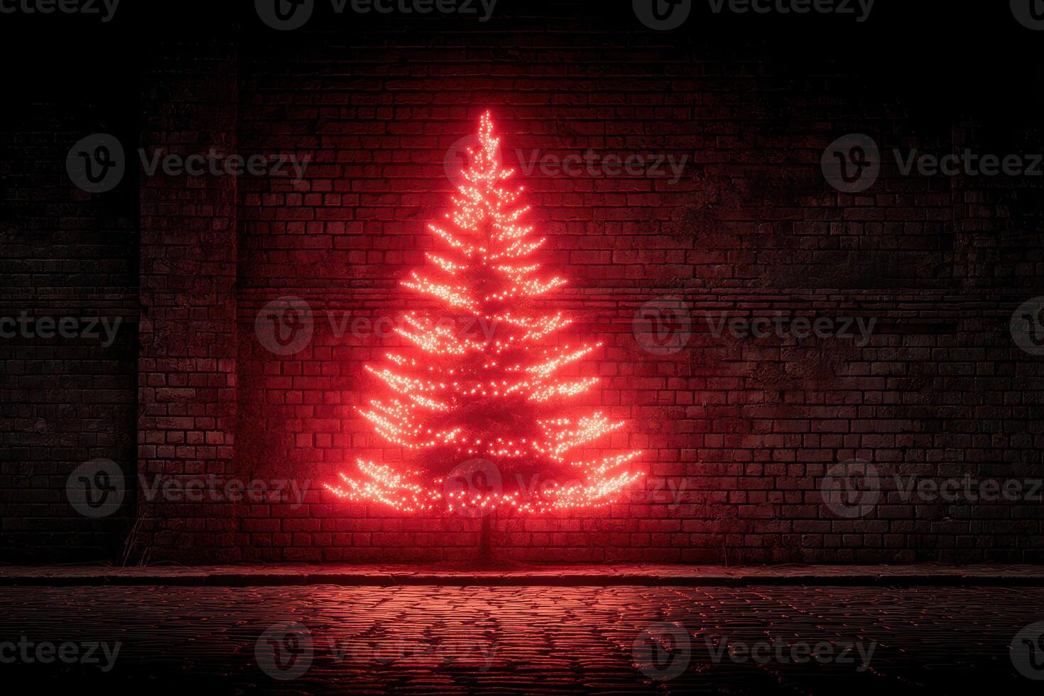 Bright red illuminated Christmas tree stands against dark brick wall in urban setting photo
