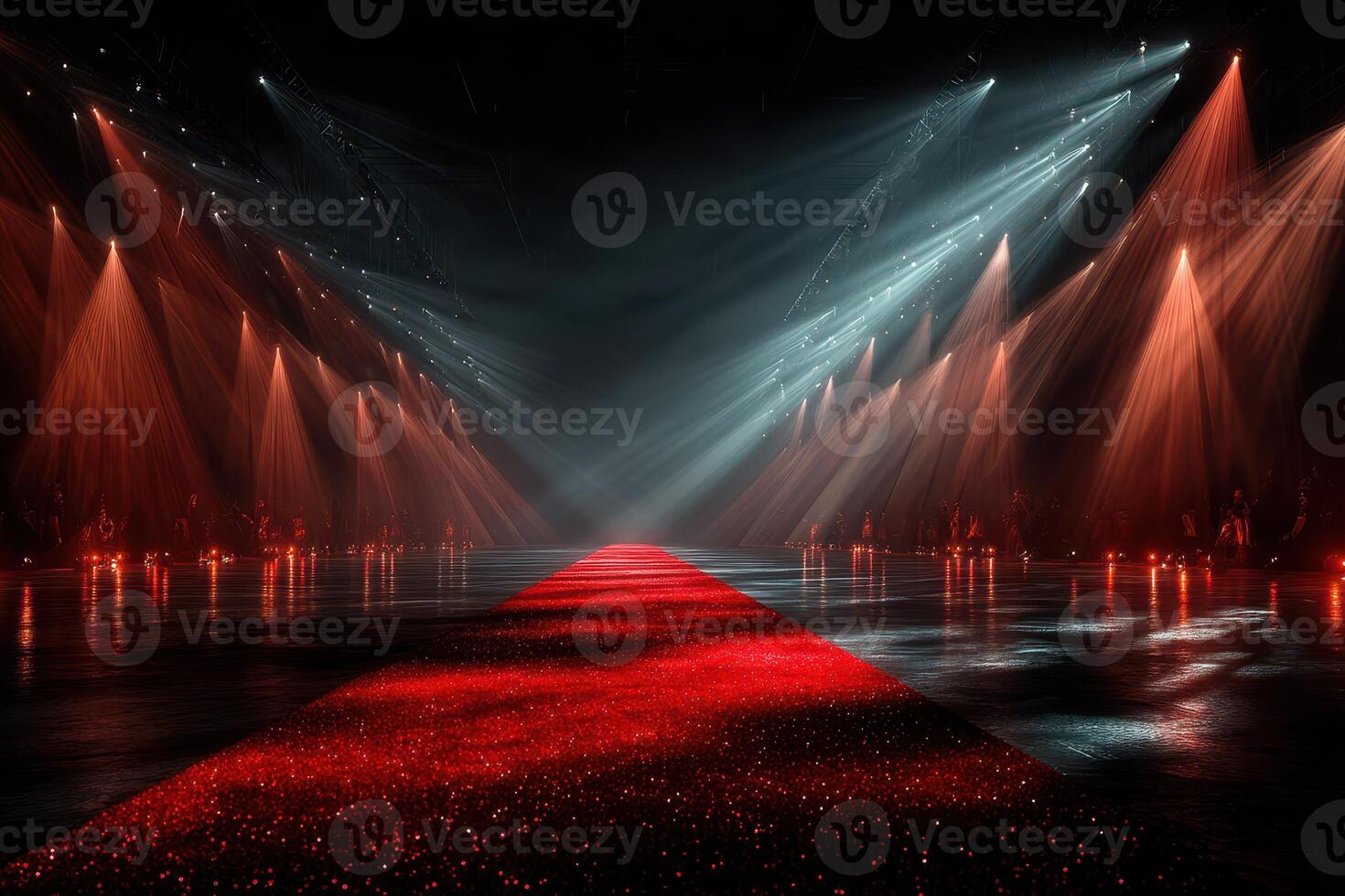 Bright red carpet runway illuminated by dramatic lights at a fashion event showcasing cutting-edge designs and creativity photo