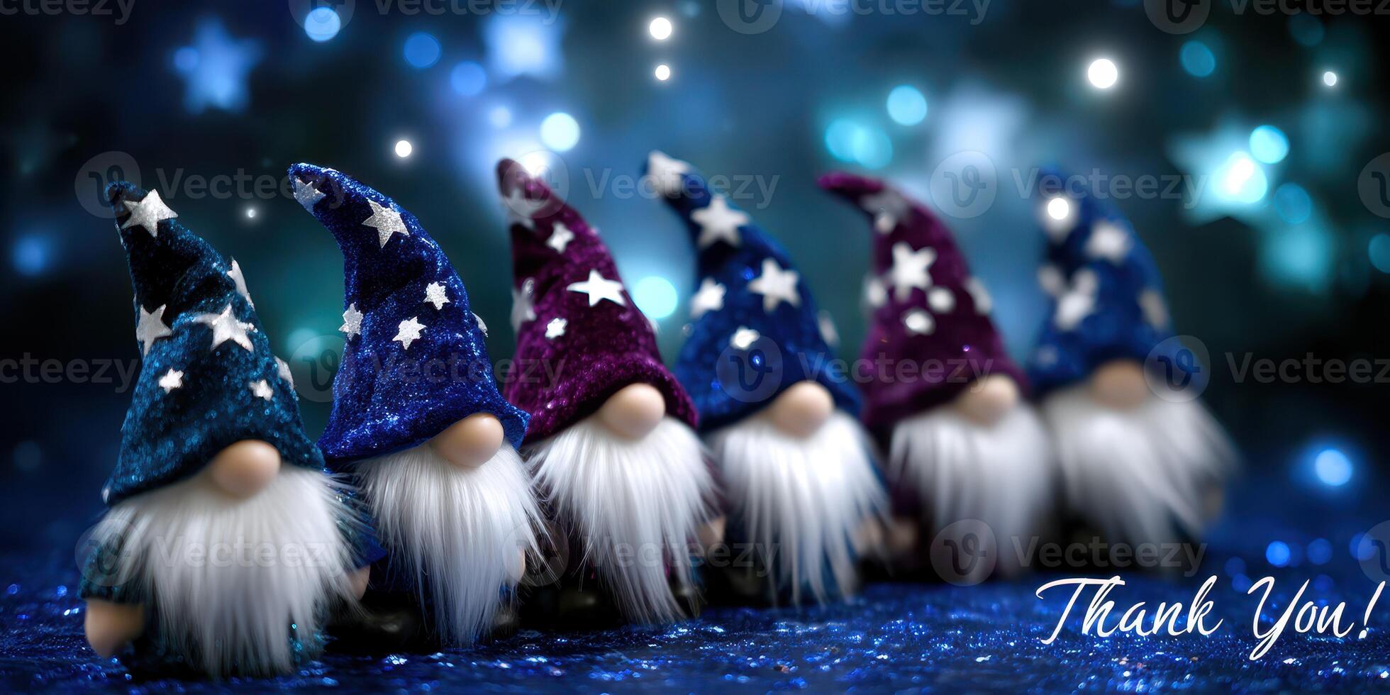Colorful gnomes with starry hats celebrate gratitude during a festive gathering at night photo
