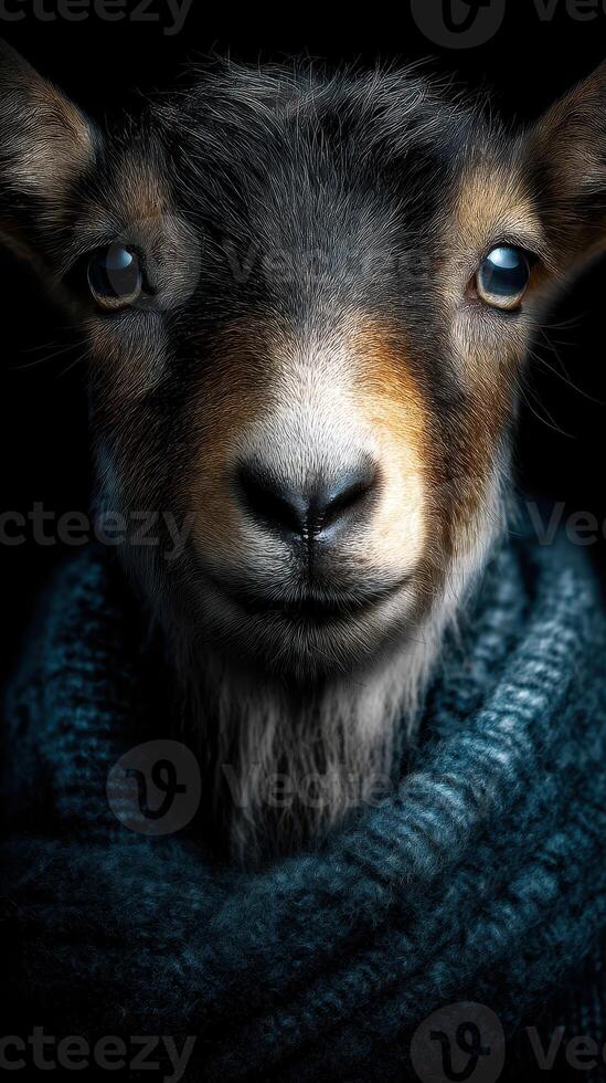 Goat wearing a cozy sweater poses for a close-up portrait in a dark setting, showcasing its unique features and friendly expression photo