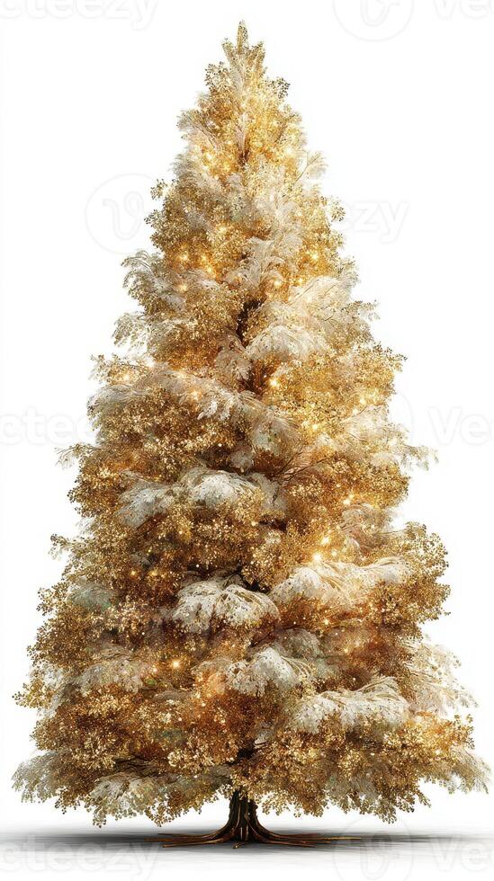 Sparkling golden Christmas tree adorned with lights in a festive winter setting photo