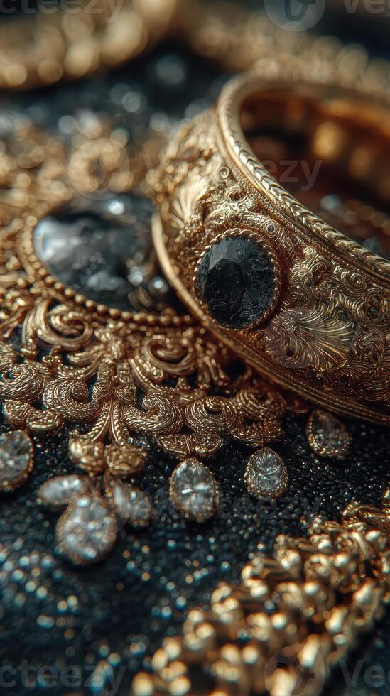Elegant golden jewelry set adorned with intricate designs and shimmering gemstones displayed on a rich fabric background photo