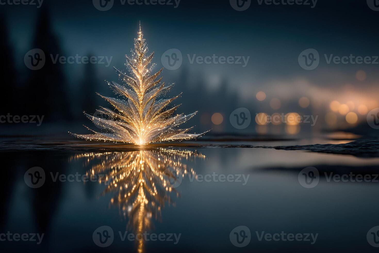 Christmas tree illuminated by twinkling lights reflecting on a calm water surface at night in a serene winter landscape photo