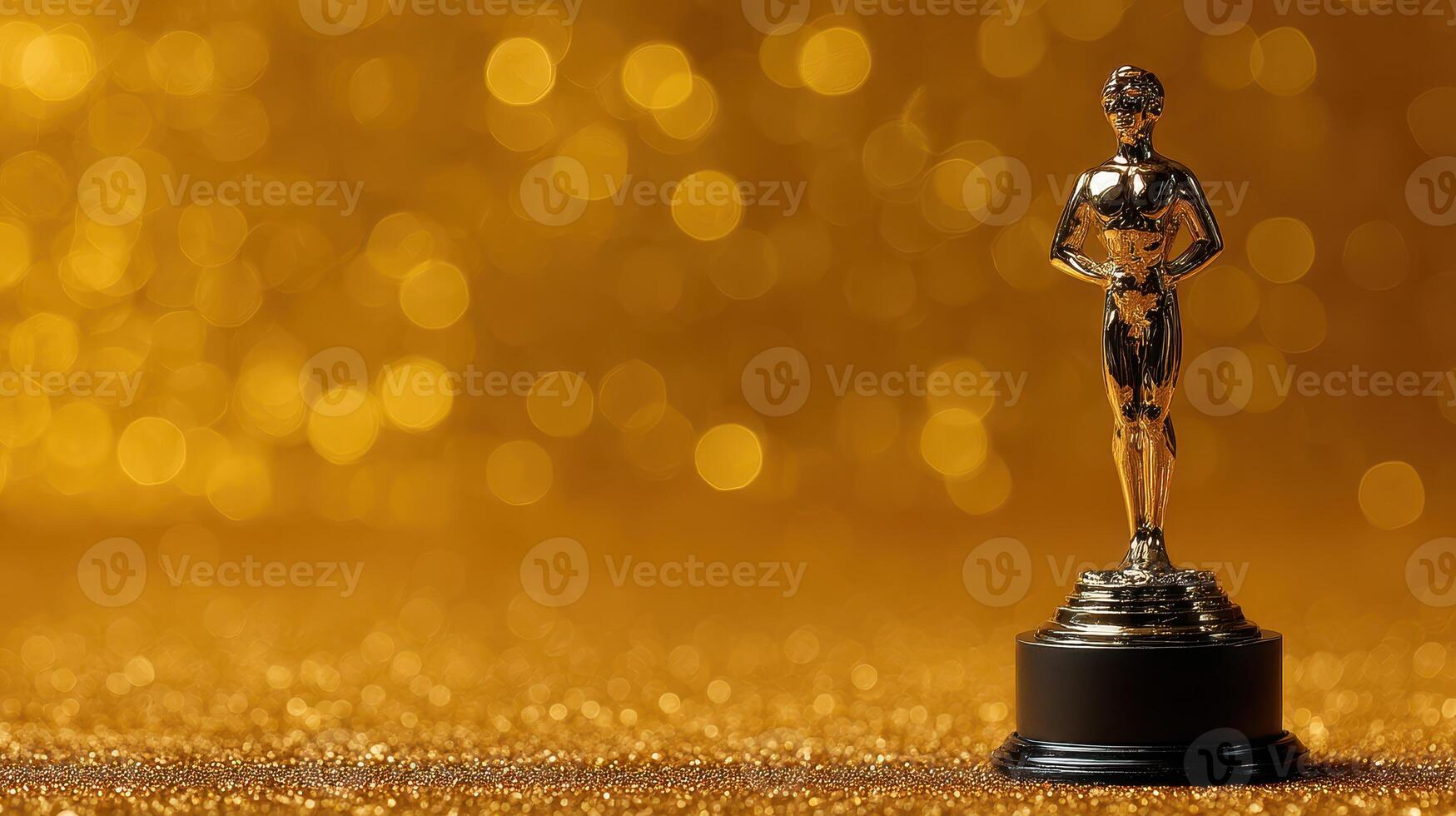 Golden trophy stands elegantly against a shimmering golden background during an awards ceremony in the evening photo