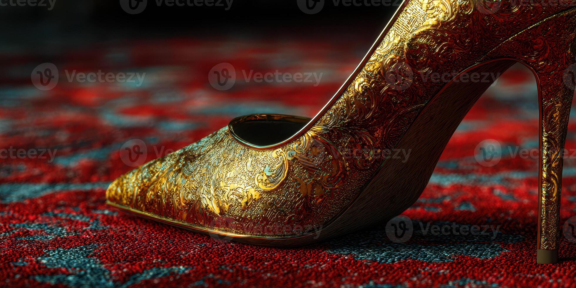 Elegant golden high heel placed on a richly patterned red carpet showcasing intricate design details in dim lighting photo