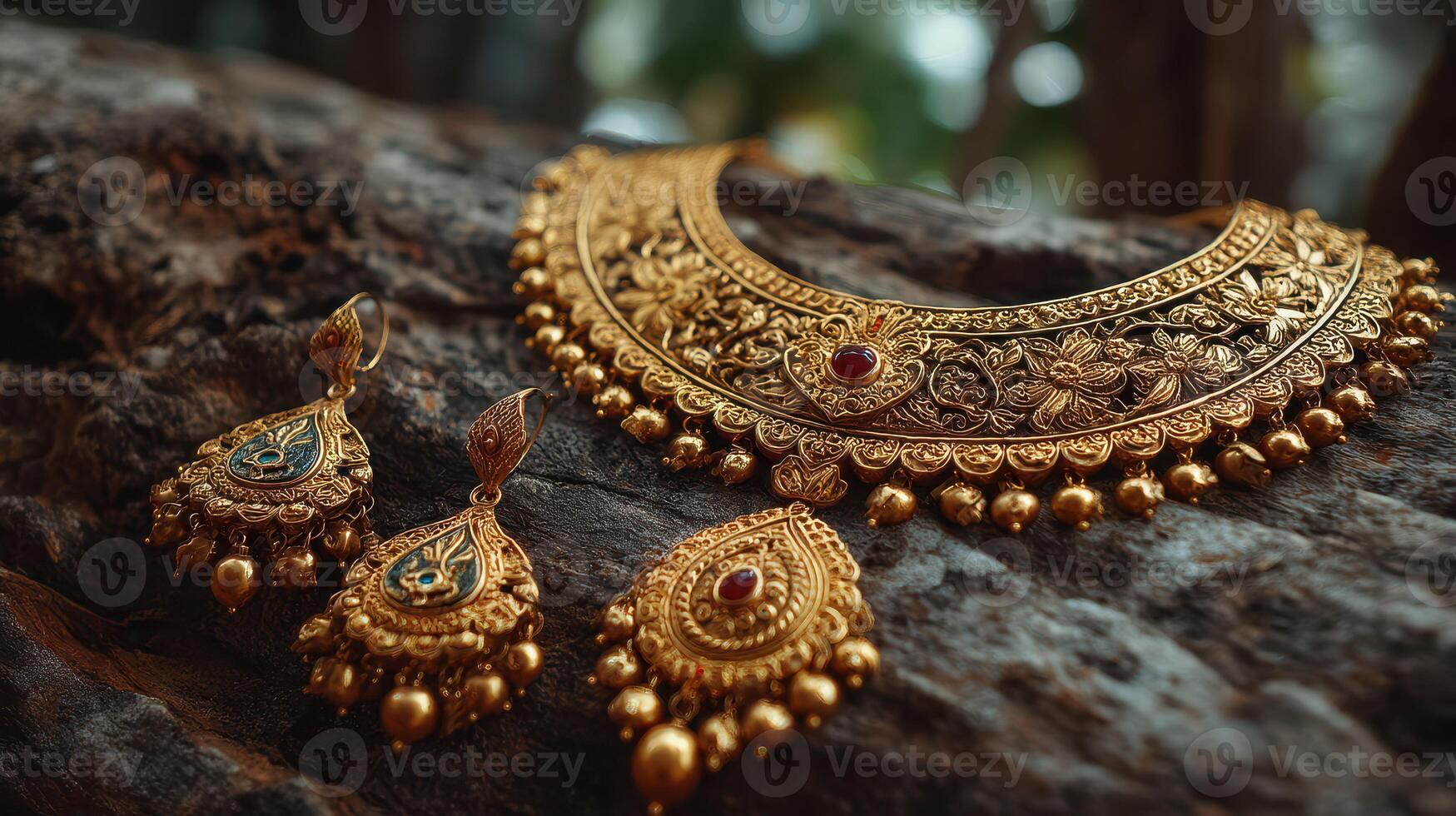 Intricately designed golden necklace and earrings displayed on rustic wooden surface in natural light setting photo