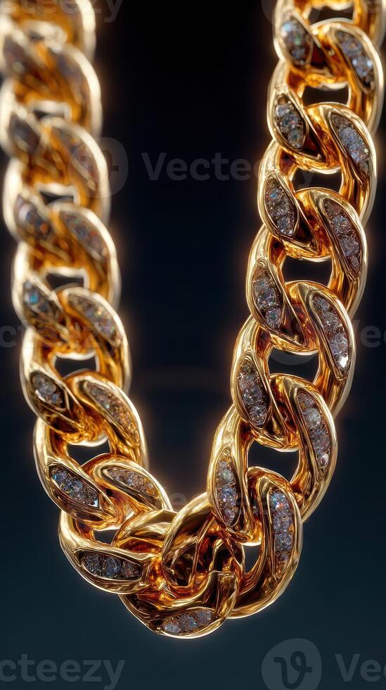Intricate gold chain with diamond accents displayed against a dark backdrop highlighting its elegance and craftsmanship photo