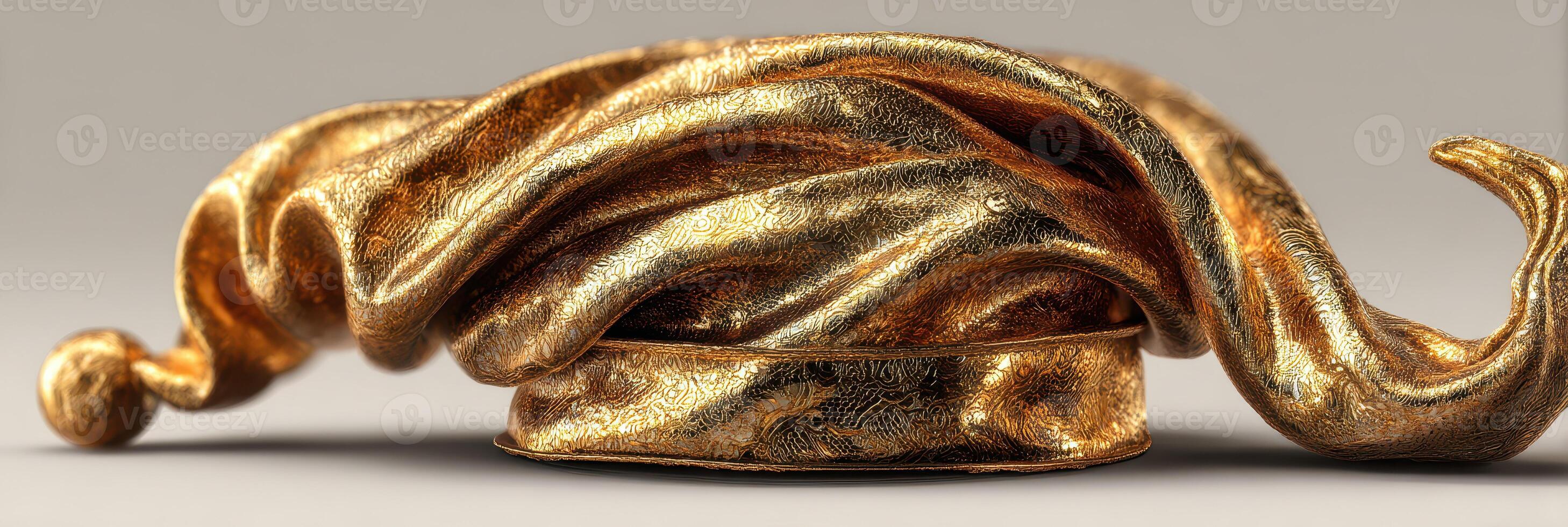 Golden fabric draped elegantly, showcasing intricate textures and luxurious sheen in a minimalist setting photo