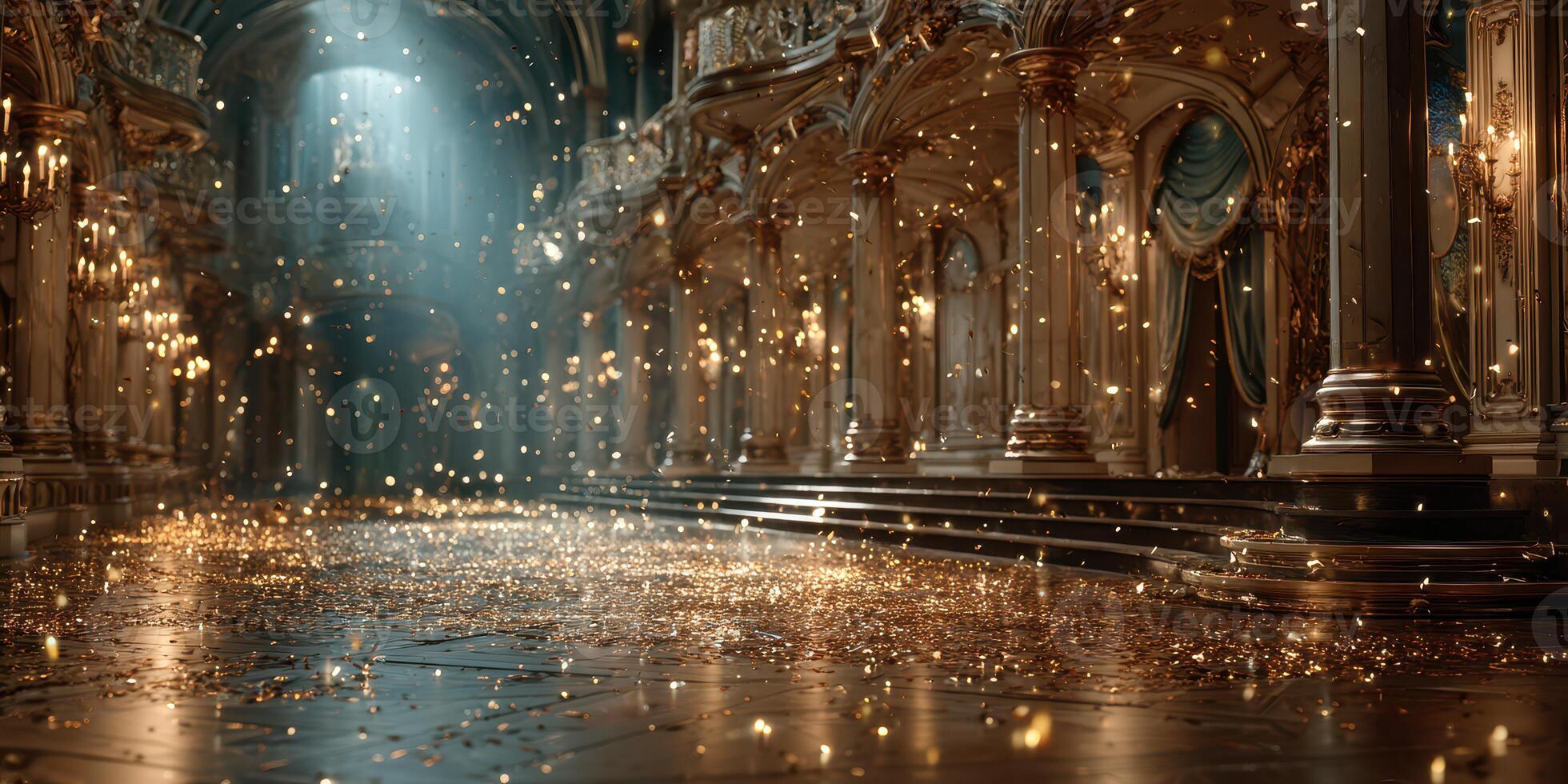 Elegant palace interior filled with sparkling light effects during a magical evening gathering in a grand hall photo