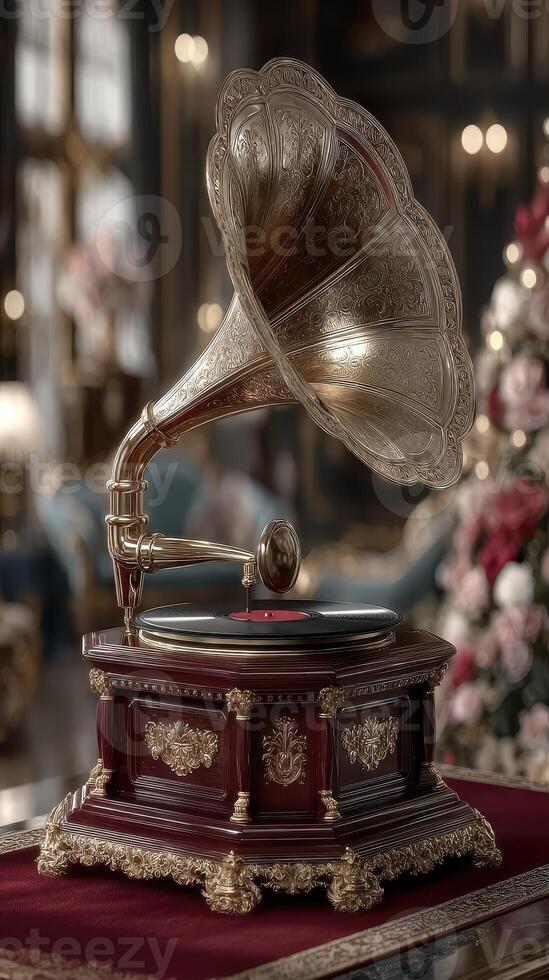 Elegant vintage gramophone displayed in a luxurious parlor with ornate decor and festive decorations during a holiday gathering photo