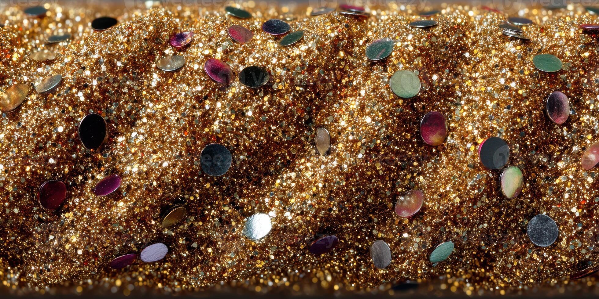 Shimmering gold and silver glitter on a textured surface captured in close-up during daylight photo