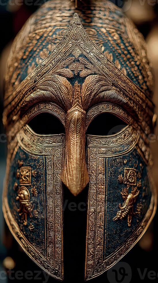 Ancient bronze helmet showcasing intricate craftsmanship and historical significance from an archaeological exhibit photo