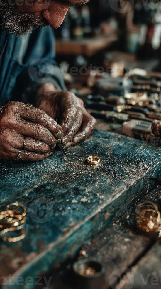 Craftsman working meticulously on gold jewelry in a rustic workshop in the afternoon light photo