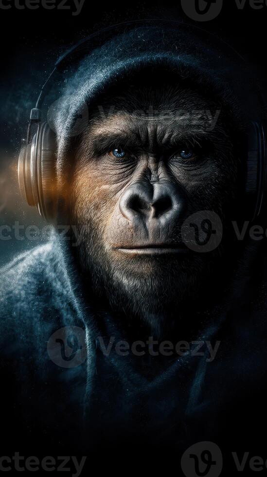 Gorilla wearing headphones in a dark urban setting with a mysterious atmosphere photo