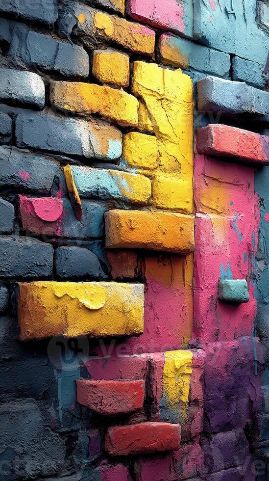 Vibrant street art adorns a brick wall in an urban setting, showcasing bold colors and unique textures photo