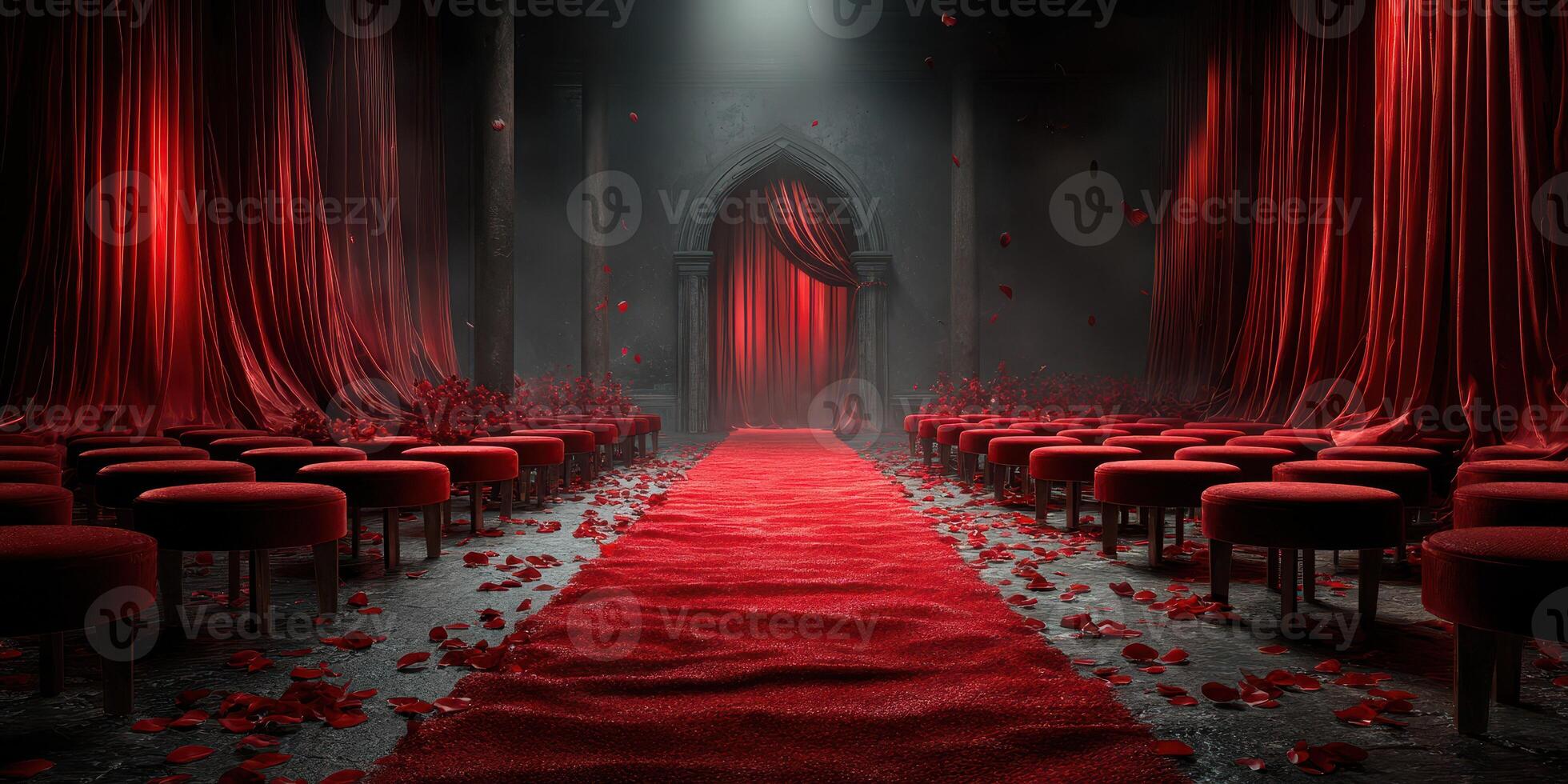 Gothic venue adorned with red velvet and rose petals creates an enchanting atmosphere for an elegant event photo