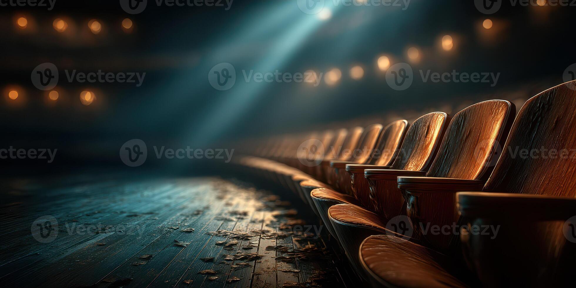 Empty theater seats illuminated by soft light create a tranquil atmosphere for an evening performance photo