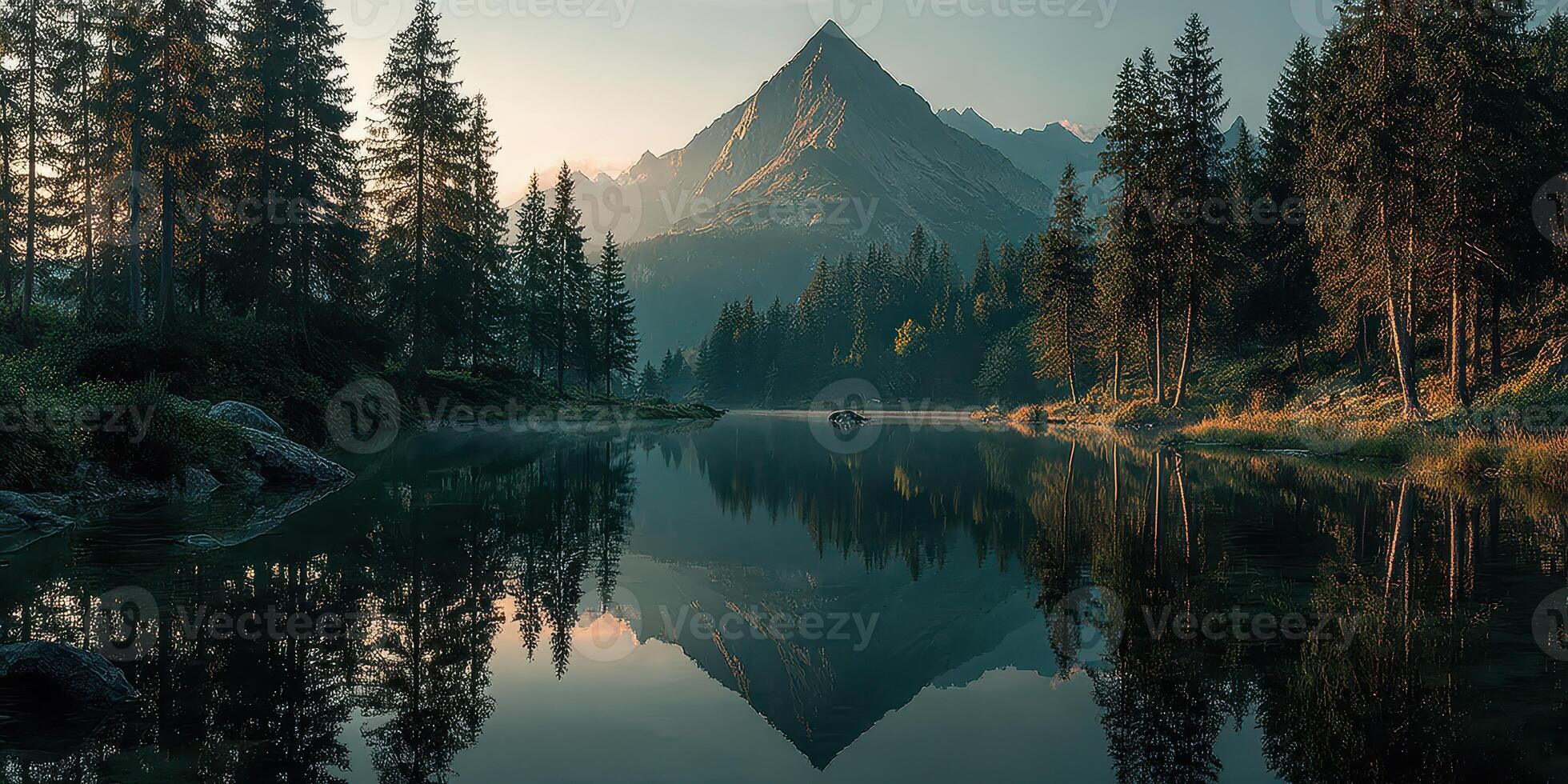 Stunning mountain reflection in tranquil lake at dawn surrounded by pine trees and mist photo