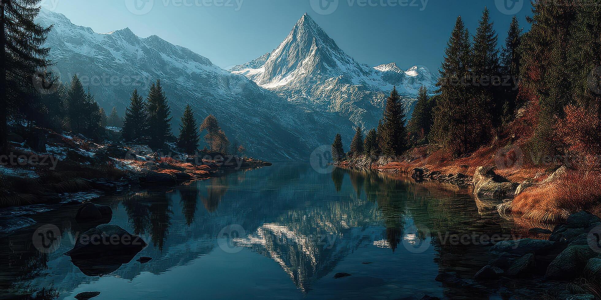 Majestic mountain peak reflected in serene lake surrounded by trees during early morning light photo