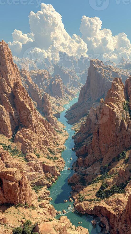 Dramatic canyon landscape with winding river and towering rock formations in bright daylight photo