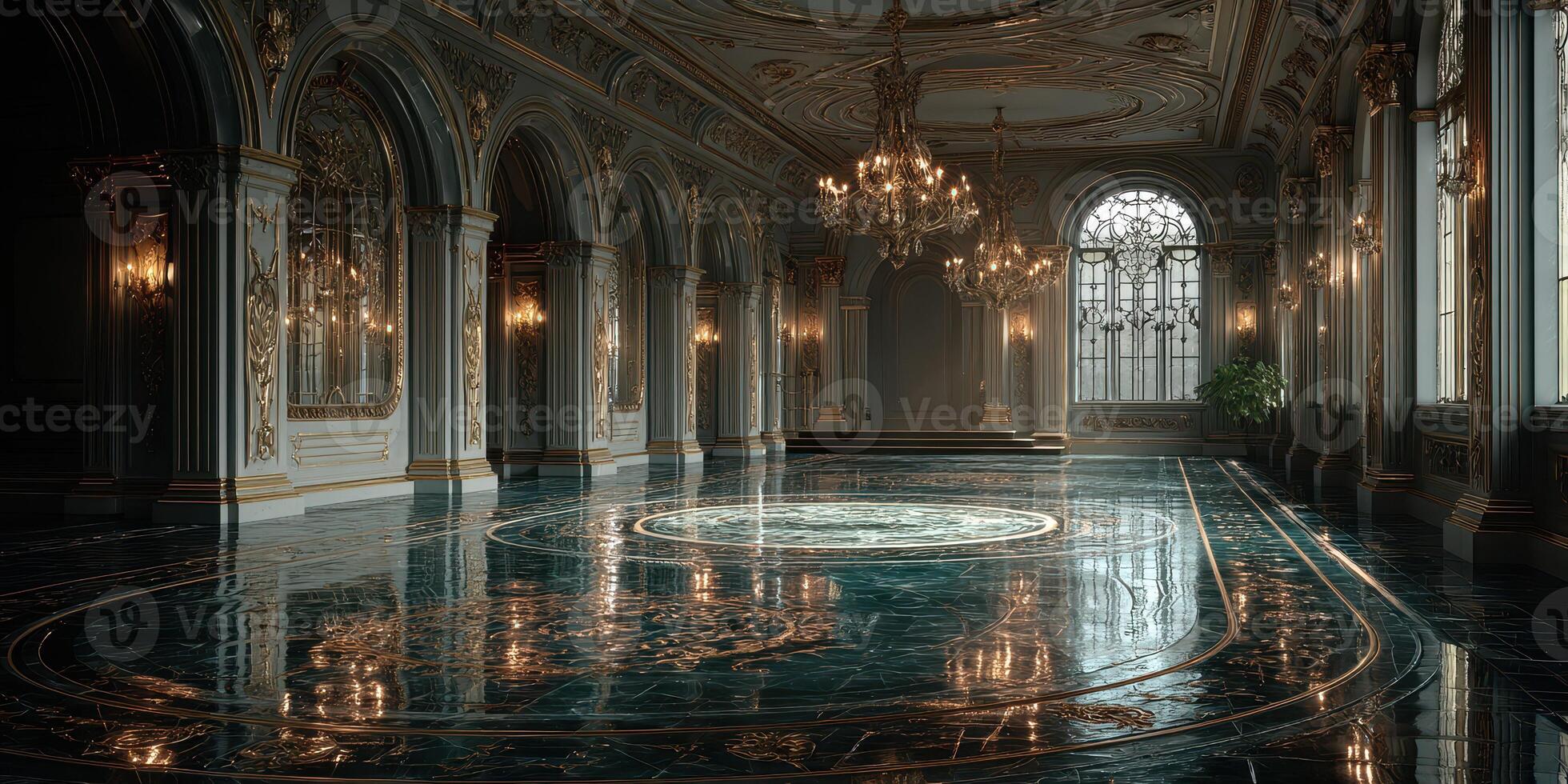 Elegant ballroom with ornate chandeliers and intricate flooring in a grand historical building during daylight photo