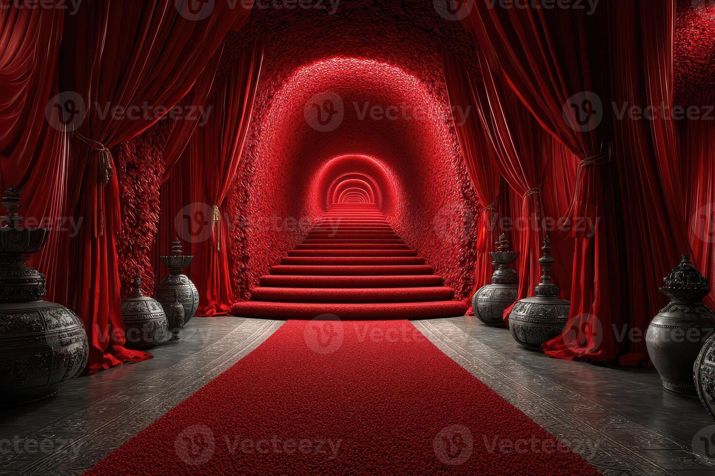 Elegant red corridor leading to a grand staircase surrounded by luxurious decorations in a dimly lit setting photo
