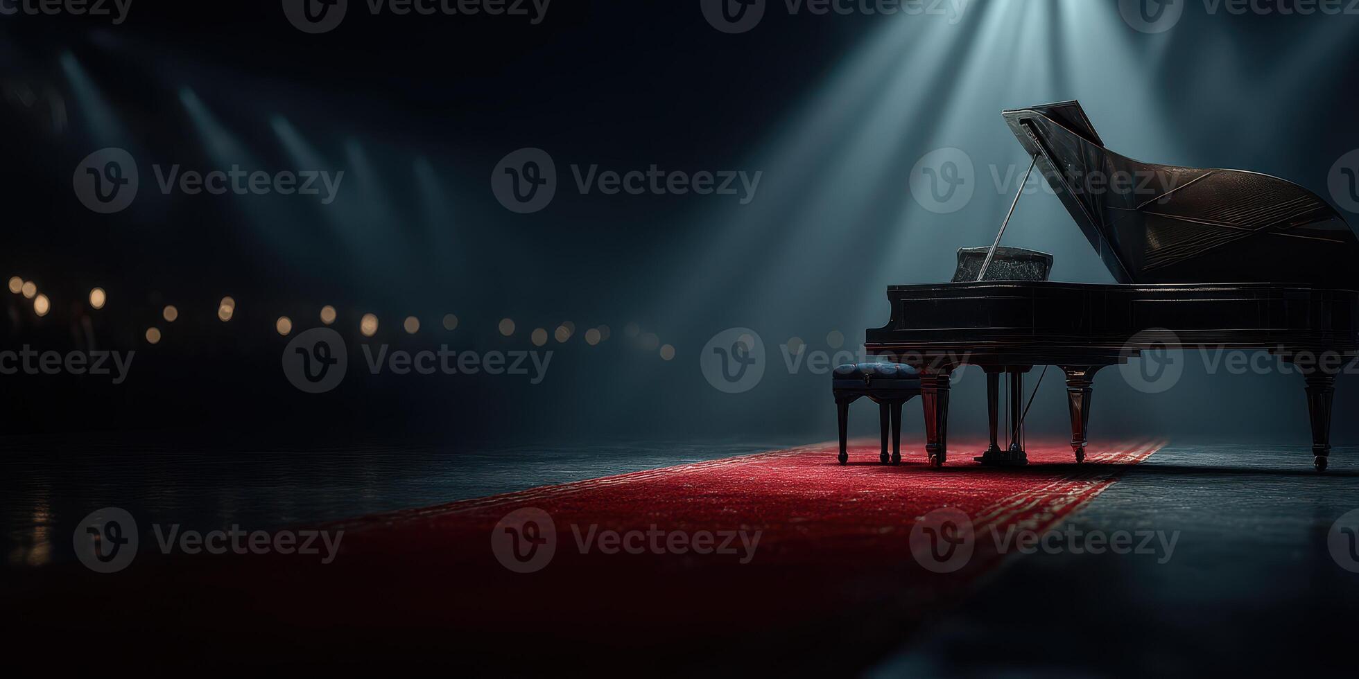 Elegant grand piano rests on a red carpet under dramatic spotlight in a dimly lit concert hall photo