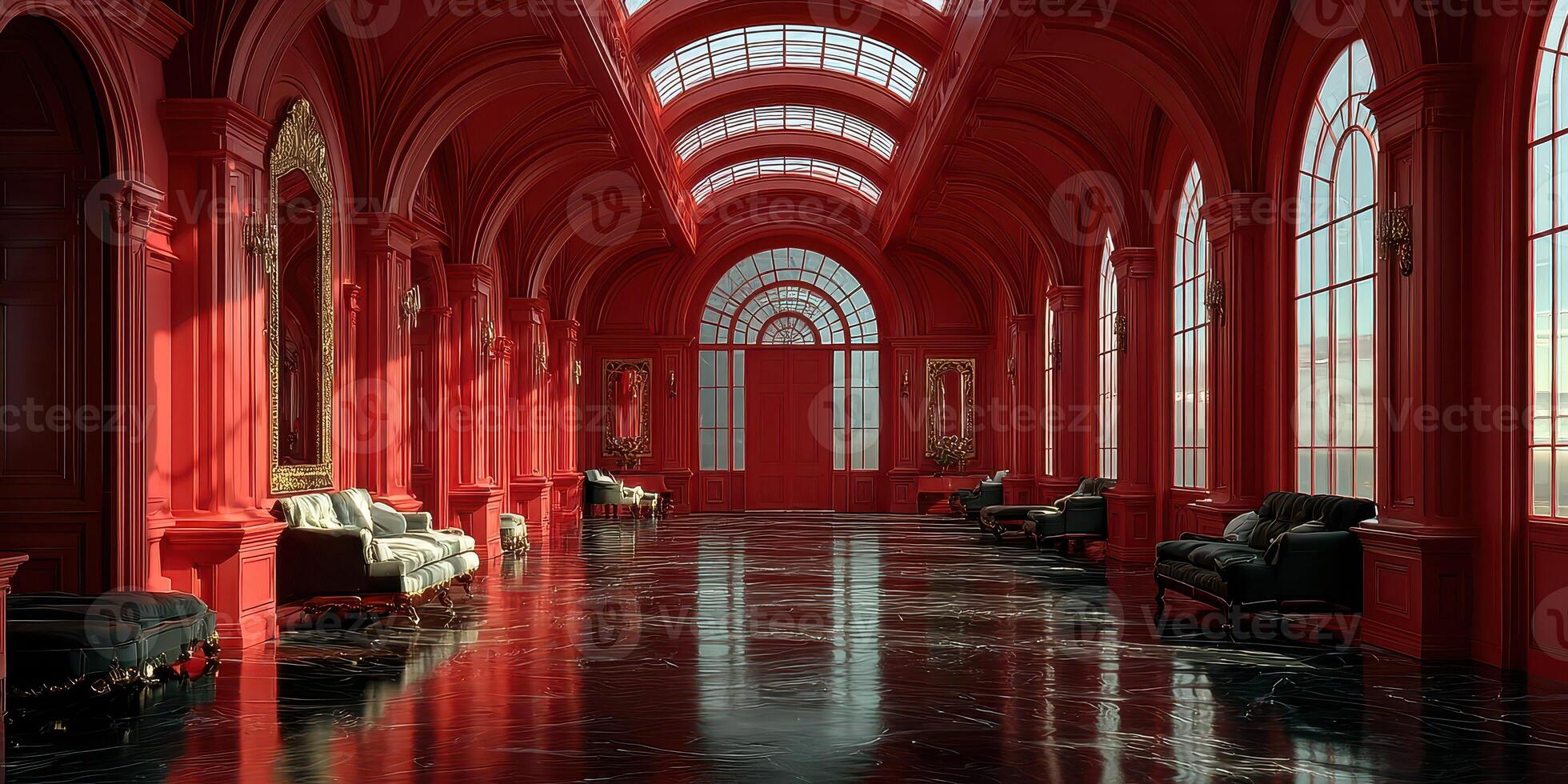 Elegant red interior with arches and large windows showcasing luxurious design and ample natural light photo