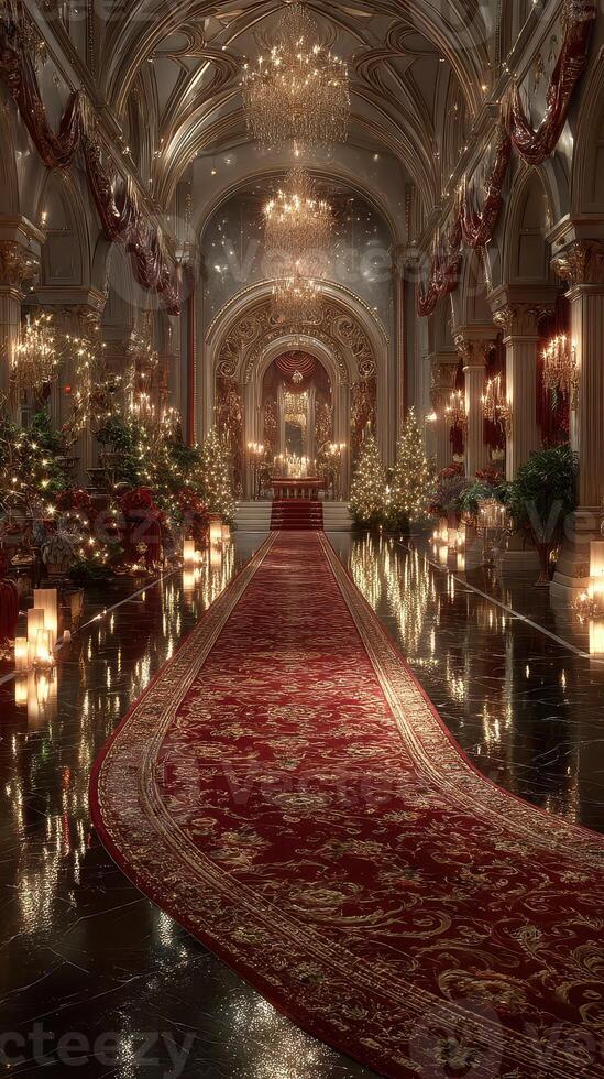 Elegant holiday celebration in a lavishly decorated grand hall with sparkling lights and festive decorations photo