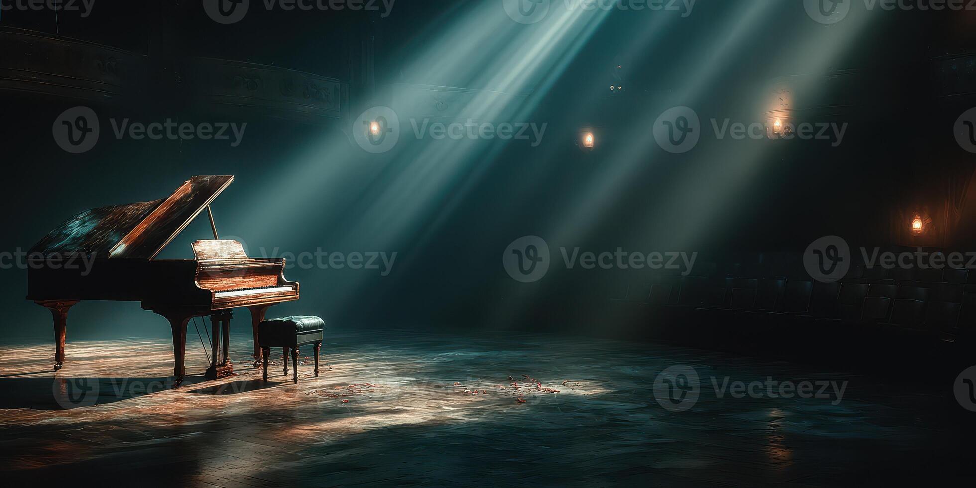 Mysterious piano illuminated by soft rays of light in an empty concert hall at dusk photo