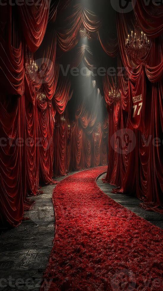 Elegant red velvet corridor adorned with chandeliers and a flower path leading to a grand event photo