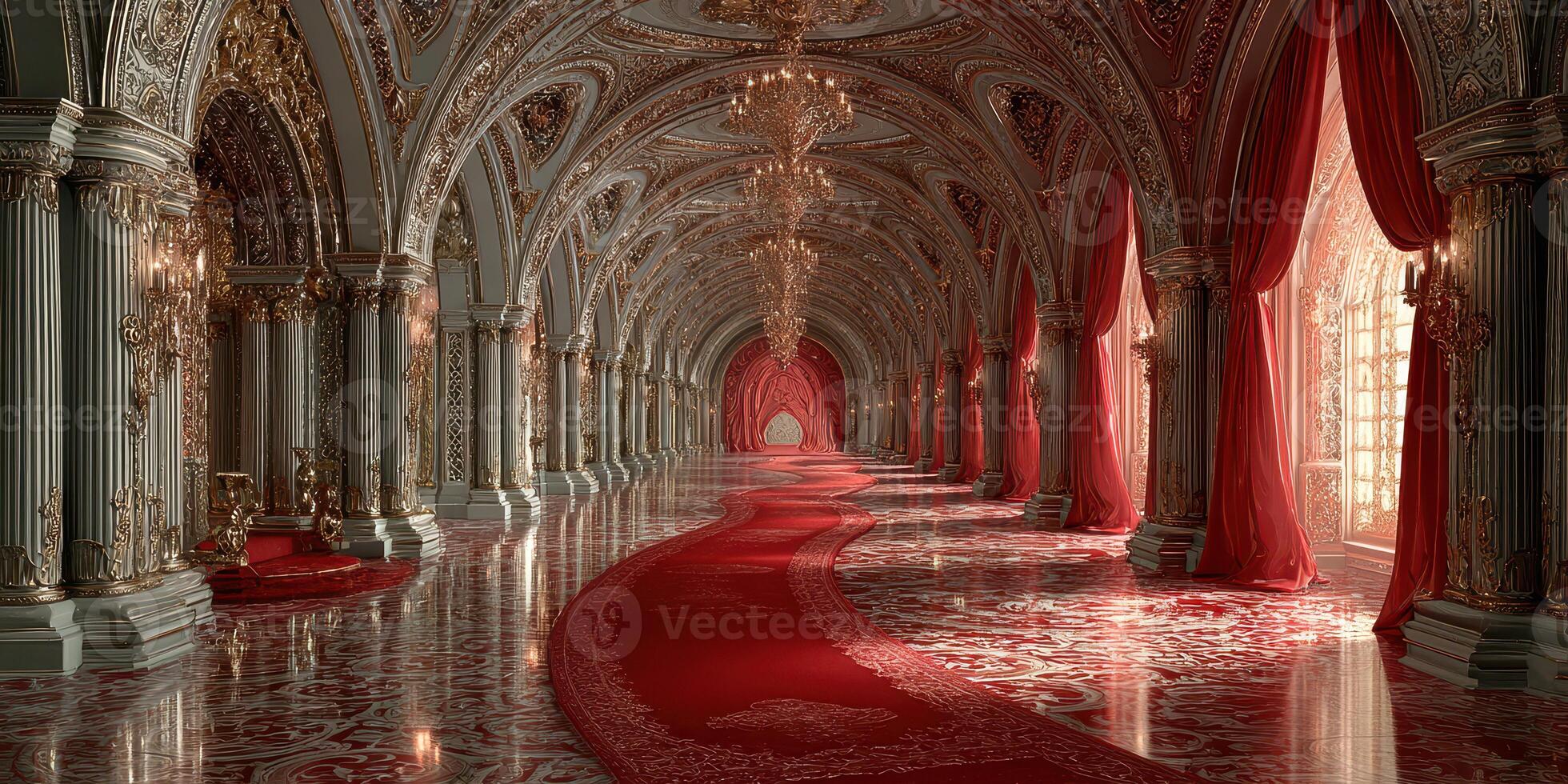 Grand corridor with intricate architecture and luxurious decor in a lavish palace setting photo