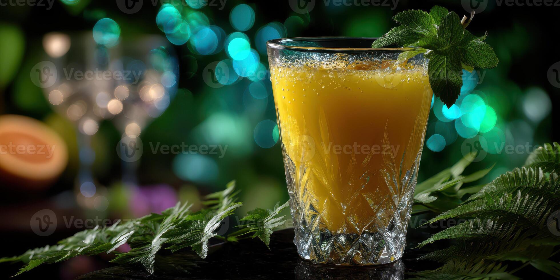 Refreshing tropical drink garnished with mint, served in a glass against a vibrant, colorful backdrop photo