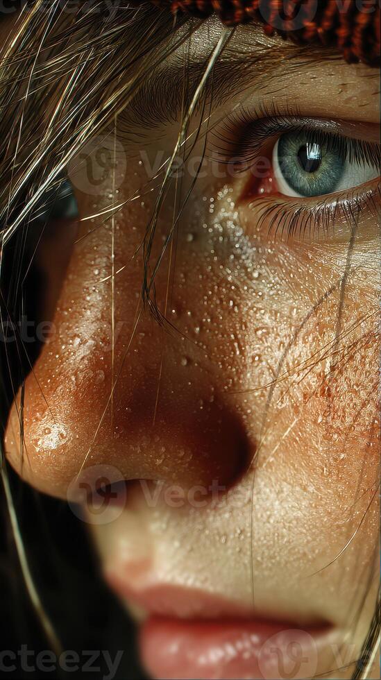 Close-up of a young person with water droplets on their face, showcasing intense expression during a rainy day photo