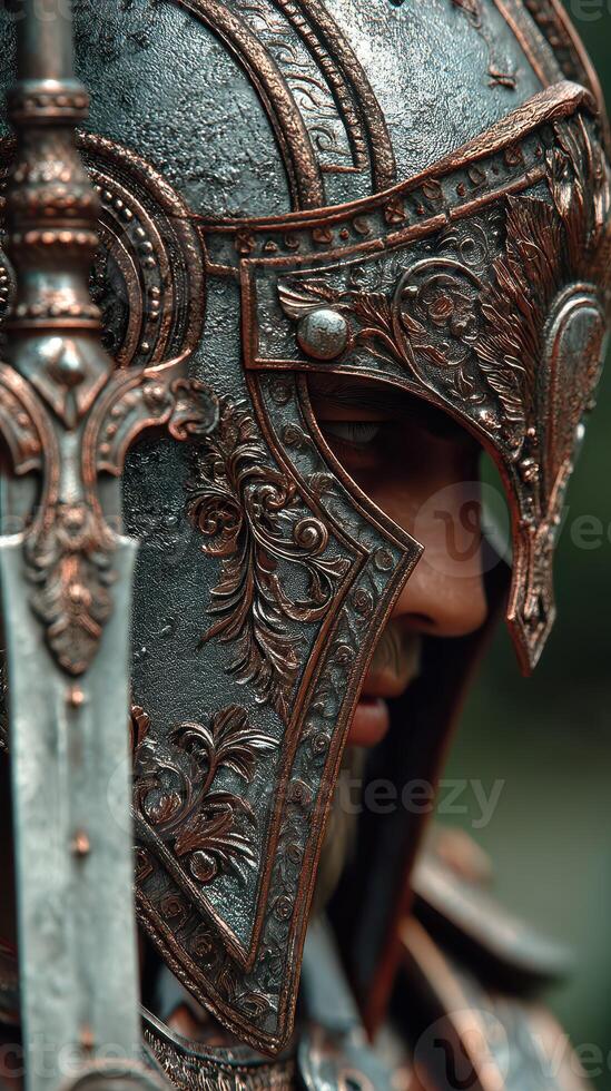 Detailed close-up of ornate armor and helmet highlighting craftsmanship in a fantasy setting during twilight photo