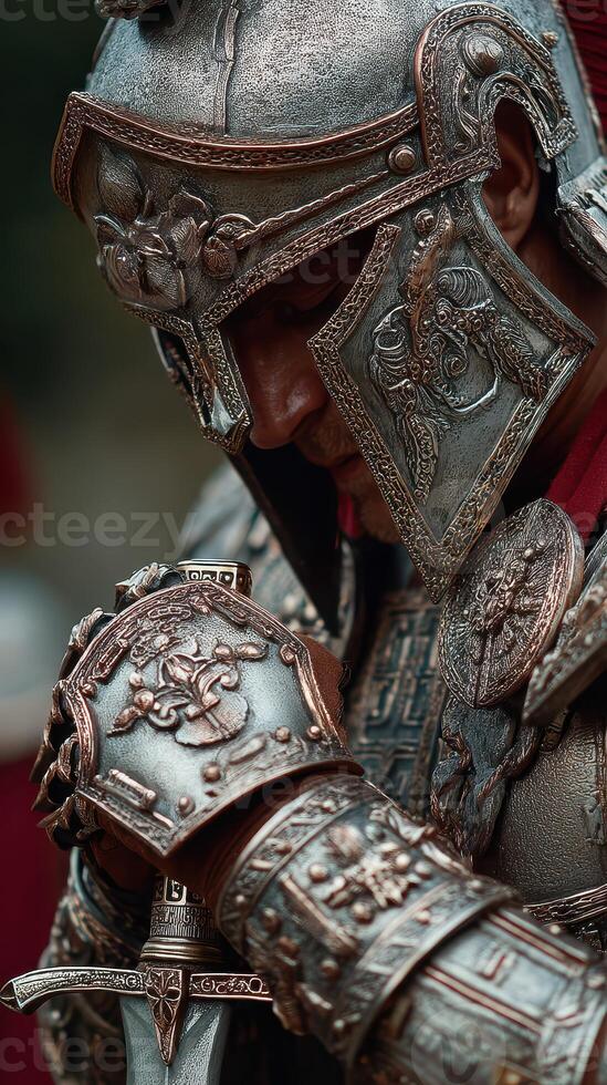 Detailed depiction of a warrior in ornate armor preparing for a ceremonial event in a historic reenactment setting photo