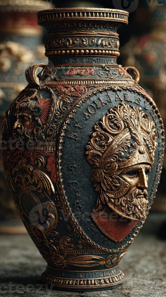 Exquisite antique vase featuring intricate designs and warrior motifs displayed in a museum setting photo