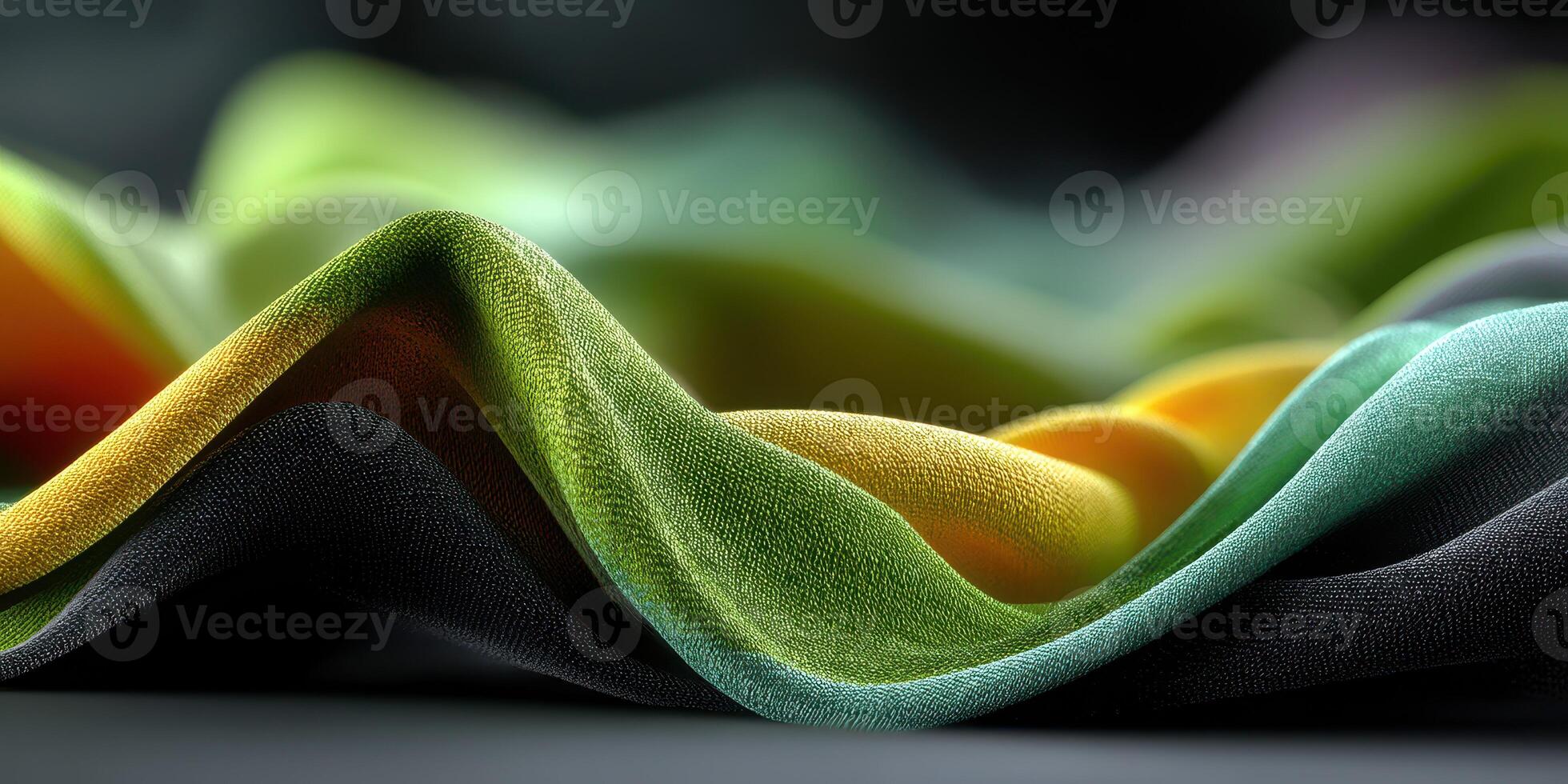 Colorful fabric waves cascade elegantly, showcasing texture and vivid hues in a soft light setting photo