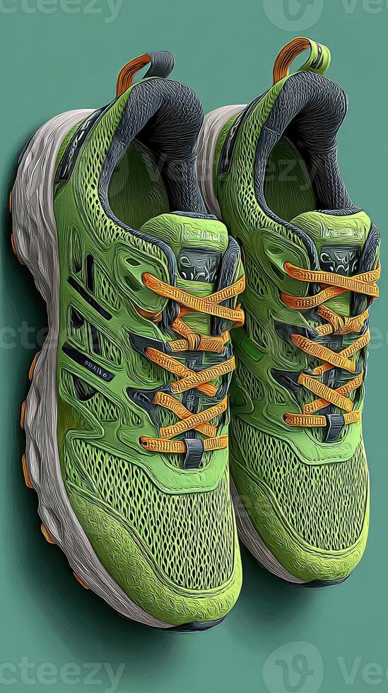 Bright green running shoes with orange laces displayed against a teal background for athletic enthusiasts photo