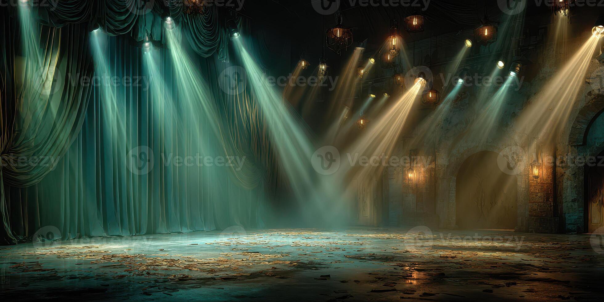 Empty stage with dramatic lighting and elegant drapes in a vintage theater setting during a performance night photo