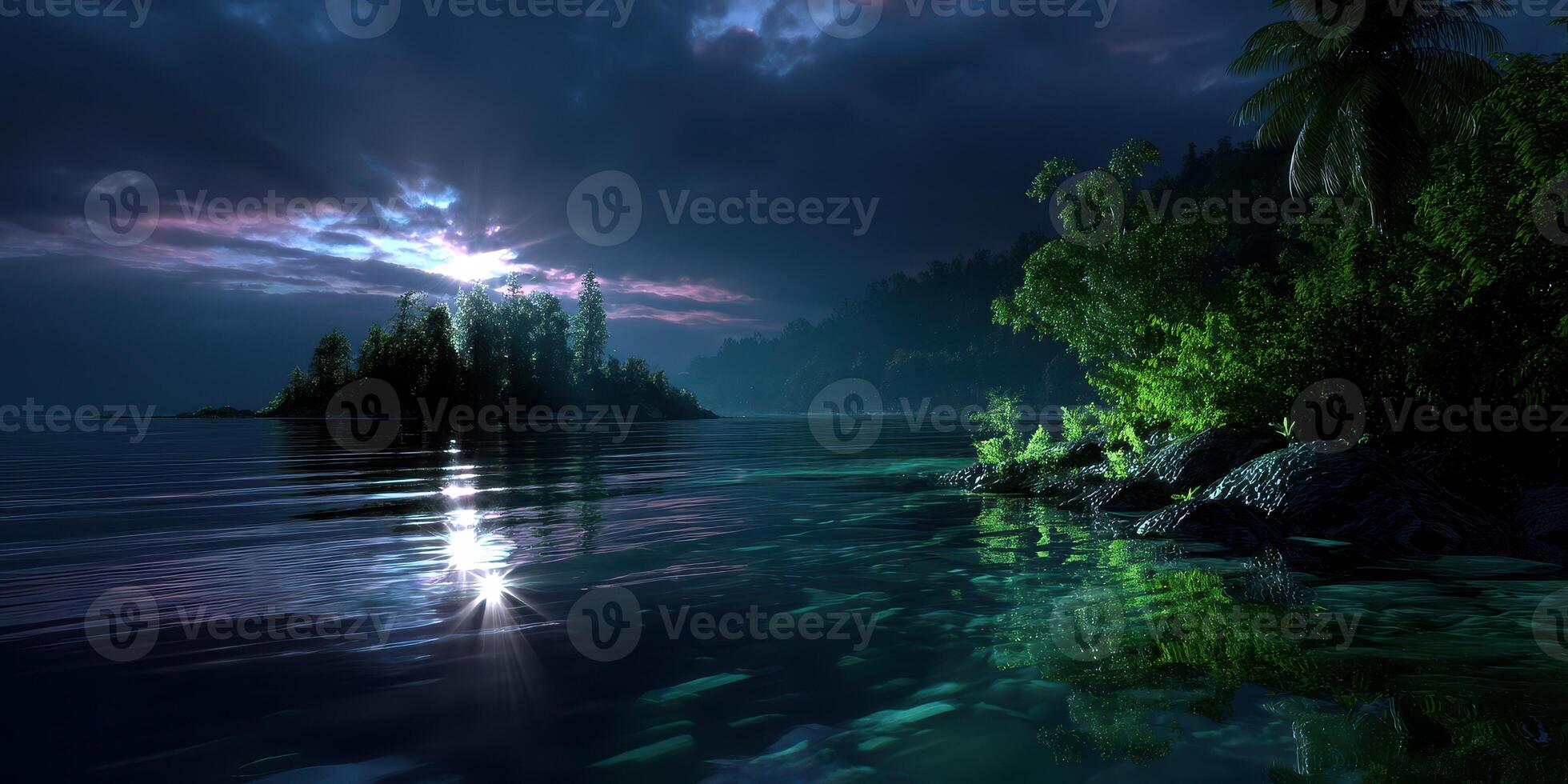 Starlight reflecting on a tranquil lake surrounded by lush vegetation under a dramatic night sky photo